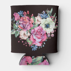 Watercolor floral heart: vintage roses. can cooler