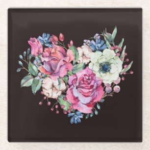 Watercolor floral heart: vintage roses. glass coaster