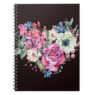 Watercolor floral heart: vintage roses. notebook