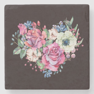 Watercolor floral heart: vintage roses. stone coaster