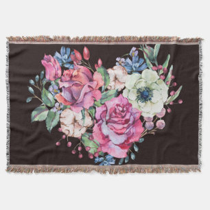 Watercolor floral heart: vintage roses. throw blanket