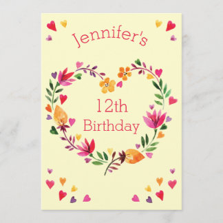 Watercolor Floral Heart Wreath Girl 12th Birthday Invitation