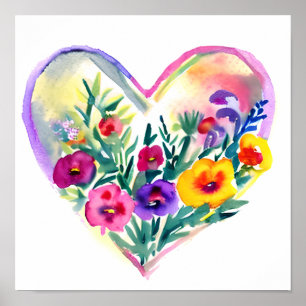 Watercolor Floral Heart Wreath Poster