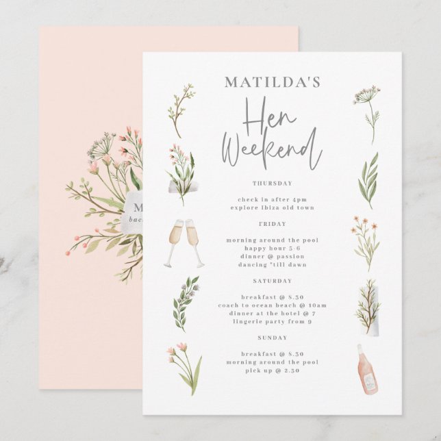 Watercolor floral hen weekend itinerary (Front/Back)