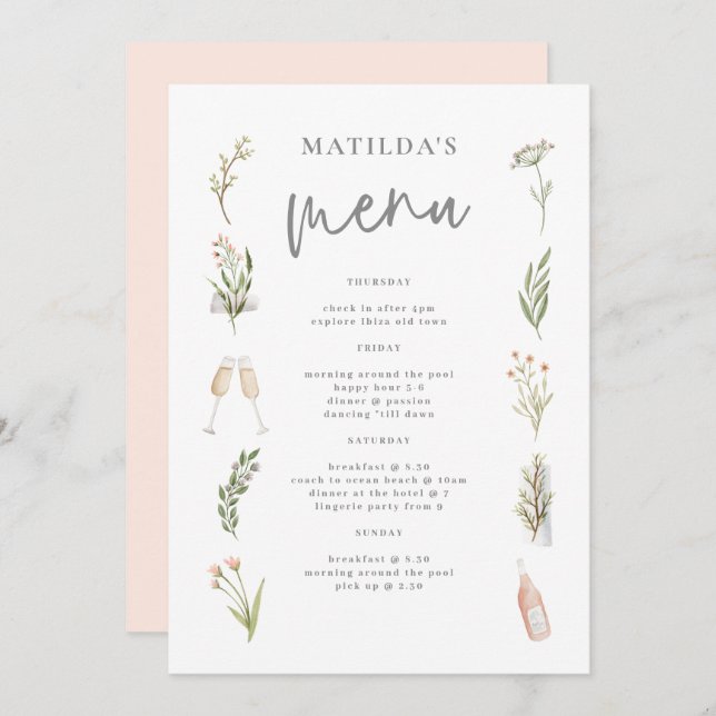 Watercolor floral hen weekend menu (Front/Back)