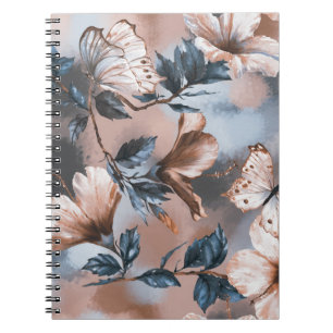 Watercolor floral hibiscus, butterfly pattern. notebook