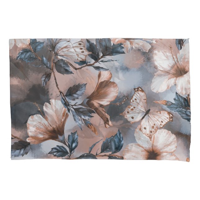 Watercolor floral hibiscus, butterfly pattern. pillowcase (Front)