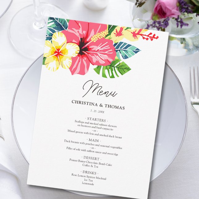 Watercolor Floral Hibiscus Tropical Wedding Menu (Creator Uploaded)