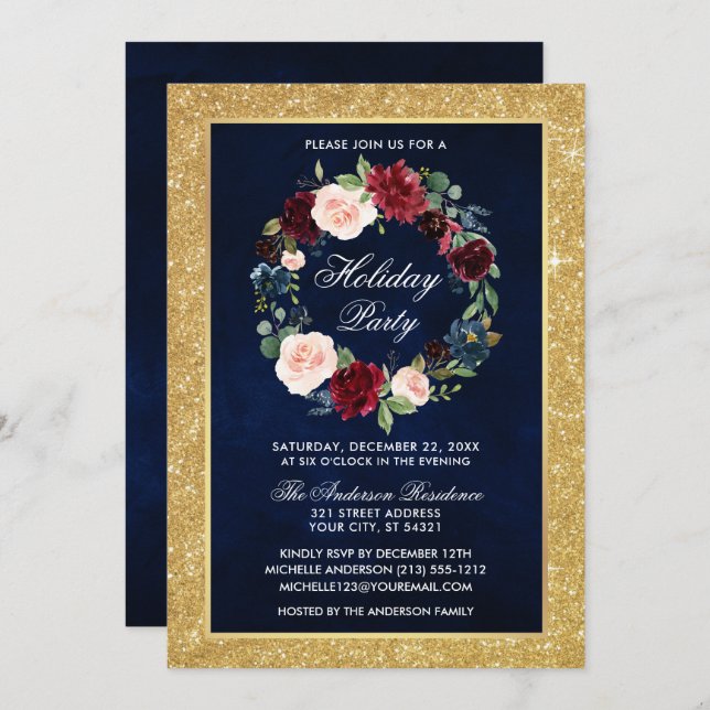 Watercolor Floral Holiday Party Gold Glitter Invitation (Front/Back)