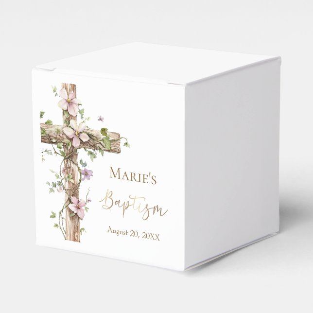 Watercolor Floral Holy Cross Baptism Favour Box (Front Side)