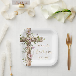 Watercolor Floral Holy Cross Baptism Paper Plate