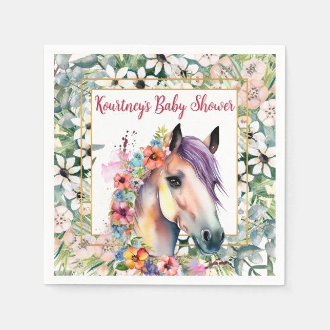 Watercolor Floral Horse Baby Shower  Napkin (Front)