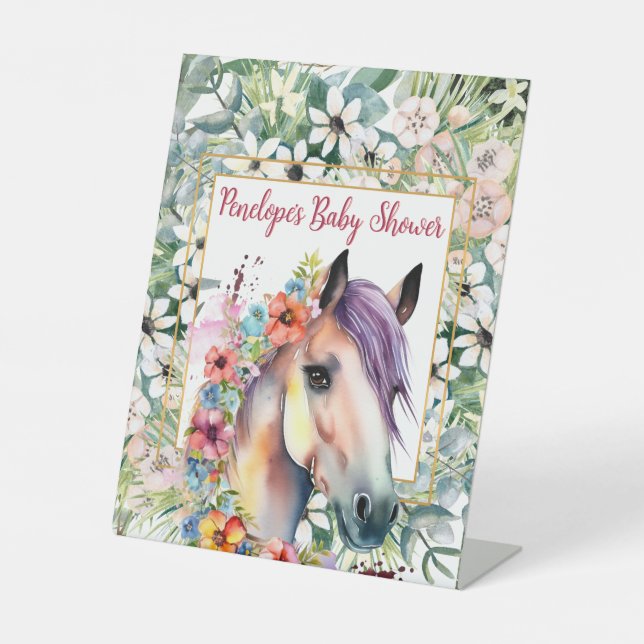 Watercolor Floral Horse Baby Shower  Pedestal Sign (Front)