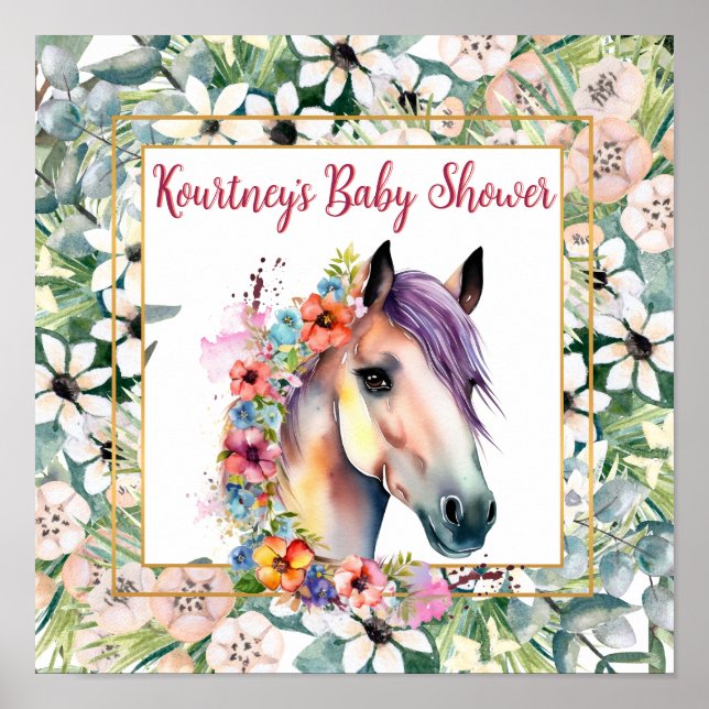 Watercolor Floral Horse Baby Shower  Poster (Front)