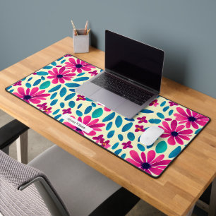 Watercolor Floral Hot Pink & Blue Pattern Desk Mat