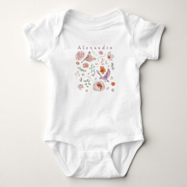 Watercolor Floral Hummingbird monogram add name Baby Bodysuit (Front)