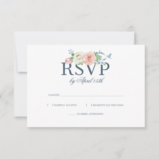 Watercolor Floral Hummingbird Seersucker Wedding RSVP Card (Front)