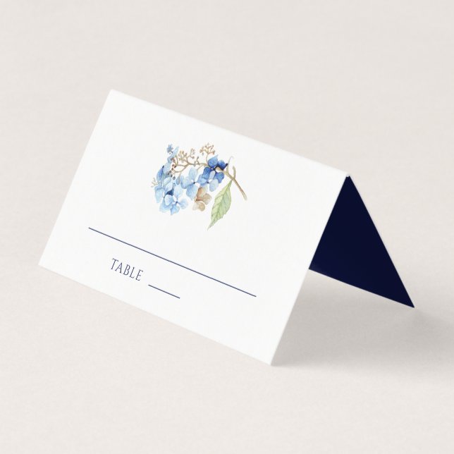 Watercolor Floral Hydrangea Navy Place Card (Front)