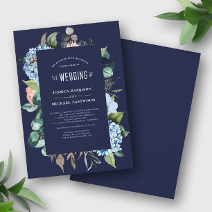 Watercolor Floral Hydrangea Navy Summer Wedding Invitation