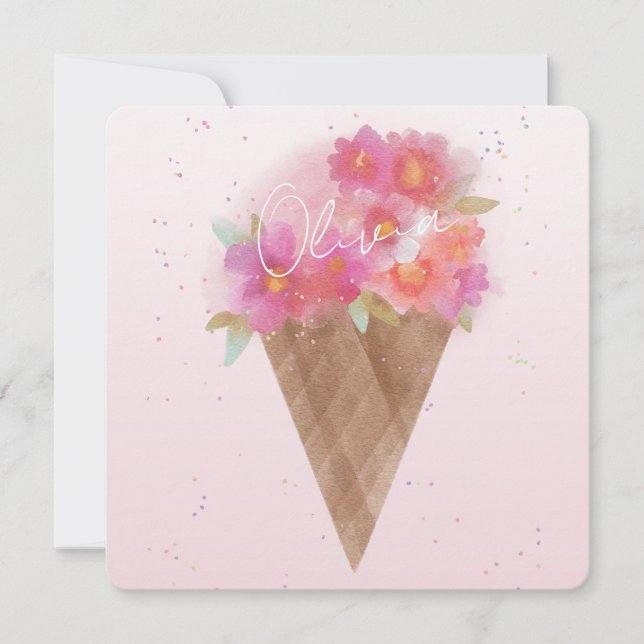 Watercolor Floral Ice Cream Cone with Name Card (Front)