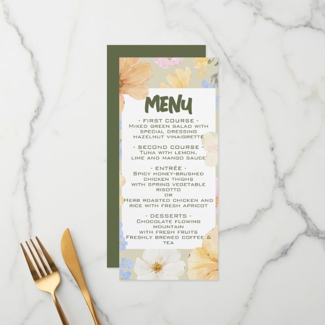 Watercolor Floral Illustration Wedding  Menu (Front/Back In Situ)