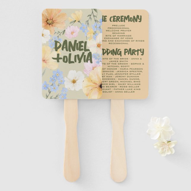 Watercolor Floral Illustration Wedding Programs Hand Fan (Front and Back)