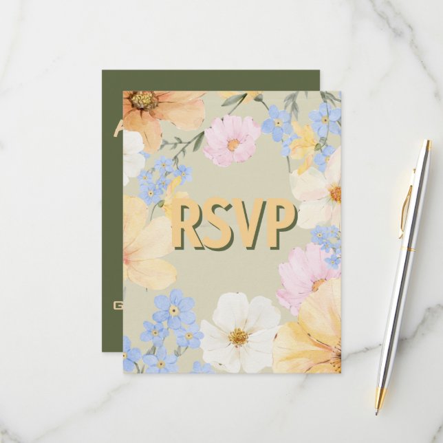 Watercolor Floral Illustration Wedding  RSVP Card (Front/Back In Situ)