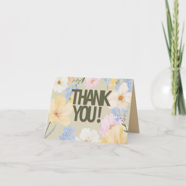 Watercolor Floral Illustration Wedding  Thank You Card (Front)