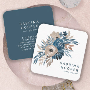 Watercolor Floral Indigo Beige Rounded Corners Square Business Card