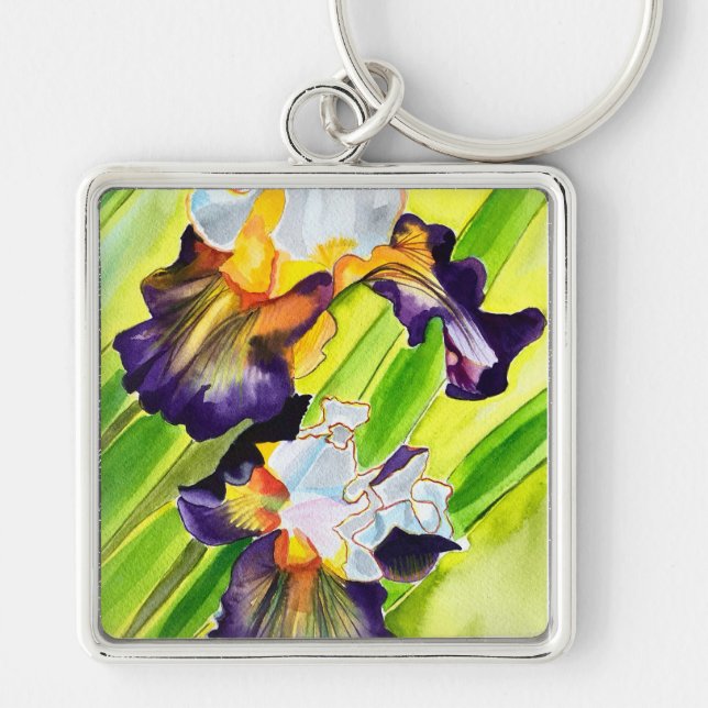 Watercolor floral iris flower key ring (Front)