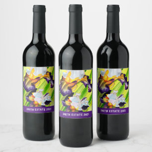 Watercolor floral iris flower wine label