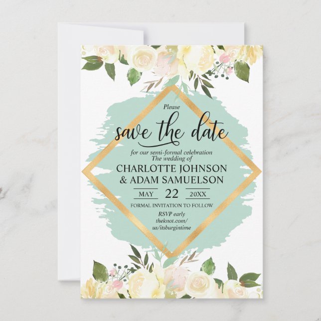 Watercolor Floral Ivory Mint Gold Invitation (Front)