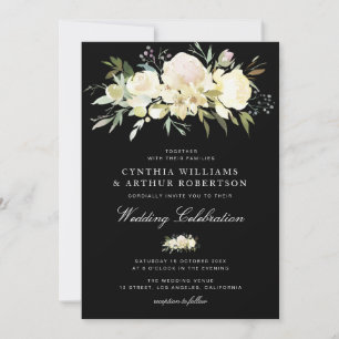 watercolor floral ivory white black wedding invitation