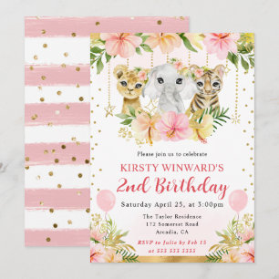 Watercolor Floral Jungle Animals Kids Birthday Invitation