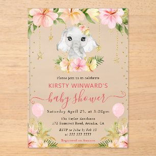 Watercolor Floral Jungle Elephant Baby Shower Acrylic Invitations