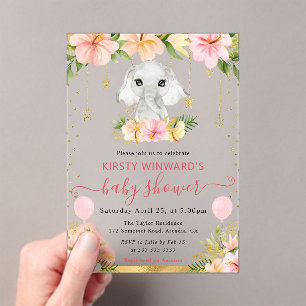 Watercolor Floral Jungle Elephant Baby Shower Acrylic Invitations