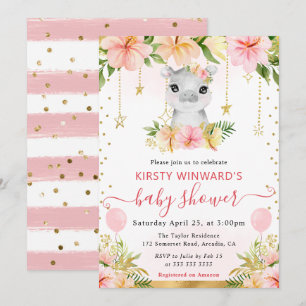Watercolor Floral Jungle Hippo Baby Shower Invitation