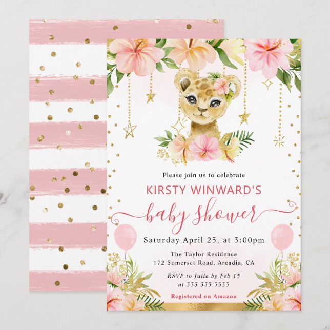 Watercolor Floral Jungle Lion Cub Baby Shower Invitation (Front/Back)