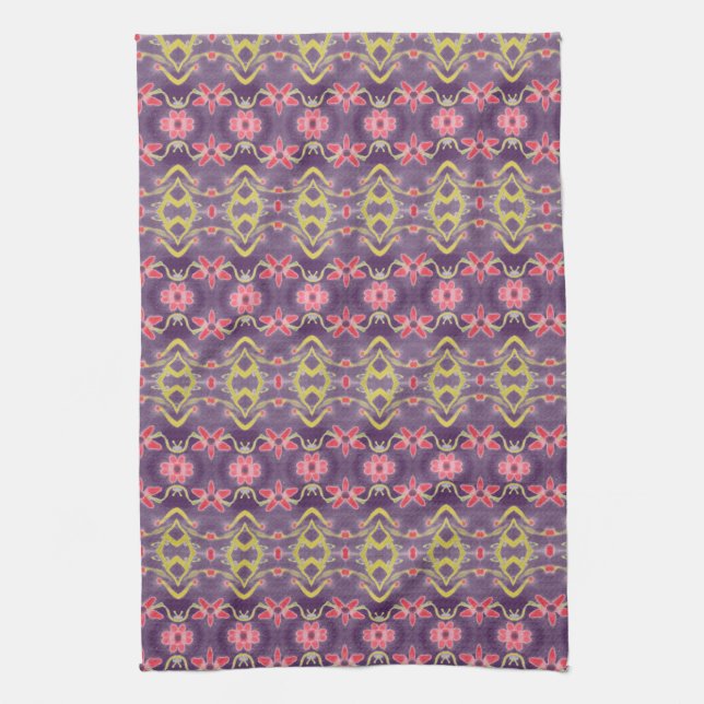 Watercolor Floral Kitchen Towel Purple And Red (Vertical)