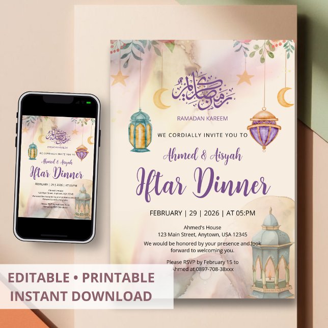 Watercolor Floral Lanterns Iftar Invitation (Creator Uploaded)