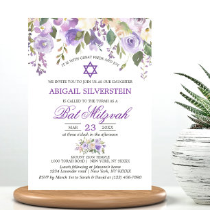 Watercolor Floral Lavender Purple Star Bat Mitzvah Invitation