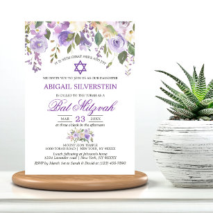 Watercolor Floral Lavender Purple Star Bat Mitzvah Invitation