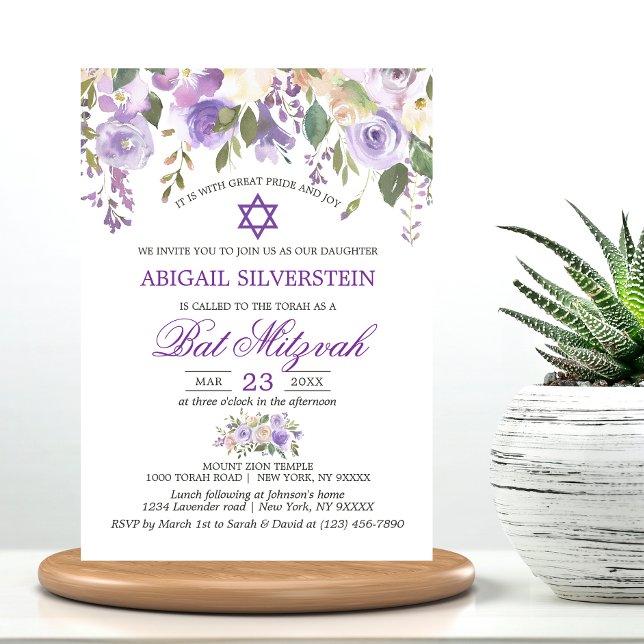 Watercolor Floral Lavender Purple Star Bat Mitzvah Invitation (Watercolor Floral Lavender Purple Star Bat Mitzvah Invitation)