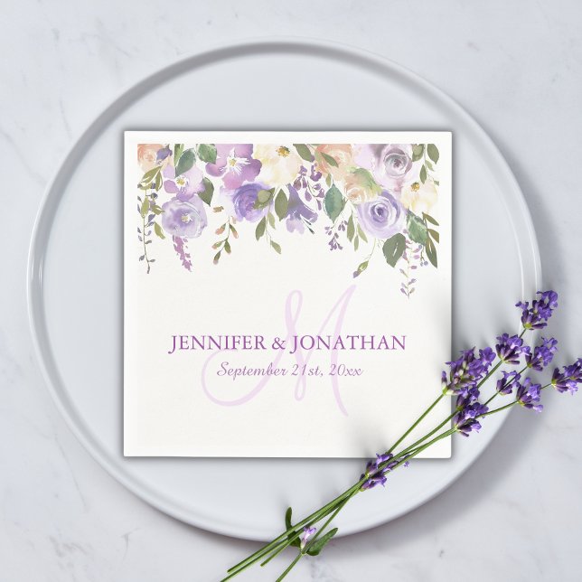 Watercolor Floral Lavender Purple Wreath Wedding Napkin (Creator Uploaded)
