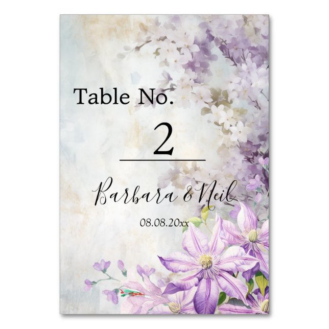 Watercolor Floral Lavender Wedding Table Number (Front)