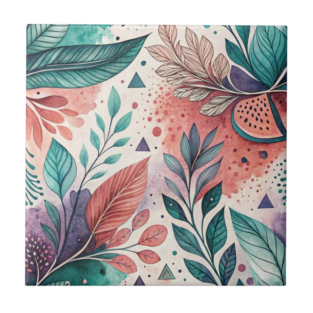Watercolor Floral Leaf Fluid Botanical Art Pattern Tile (Front)