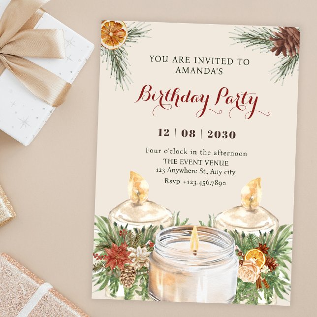 Watercolor floral leaves candles birthday invitation (Creator Uploaded)