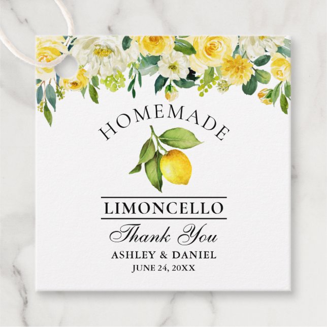 Watercolor Floral Lemon Limoncello Square Favour Tags (Front)