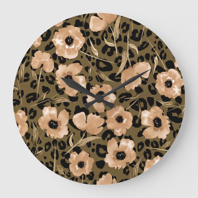 Watercolor Floral Leopard: Endless Pattern Large Clock (Front)