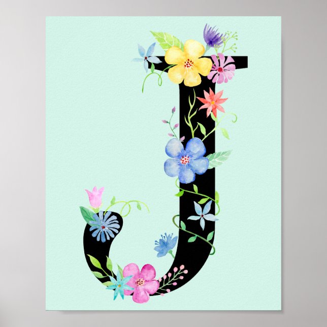 Watercolor Floral Letter J Poster (Front)